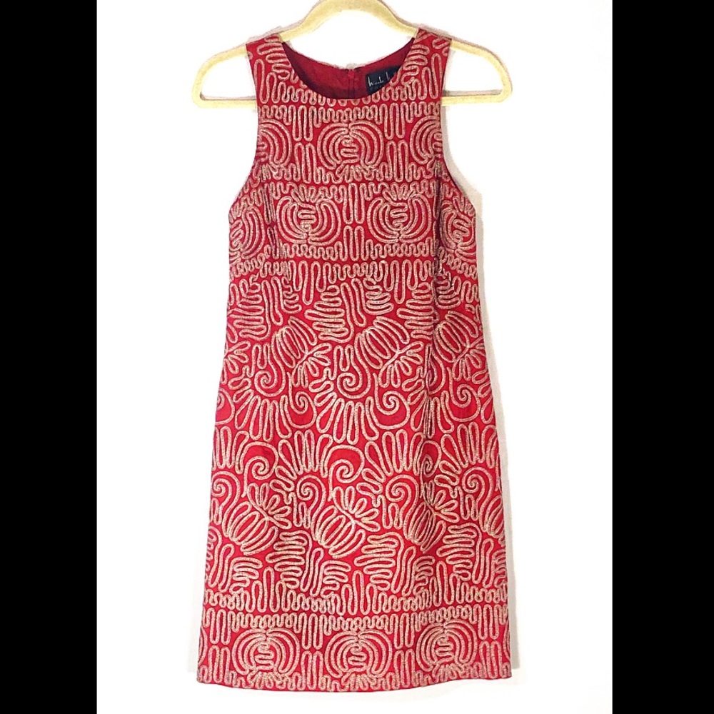 Nicole Miller 100% Silk Red/Silver Sheath Dress